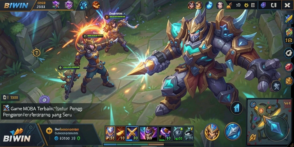 Screenshot utama BIWIN menampilkan aksi pertempuran MOBA yang seru.