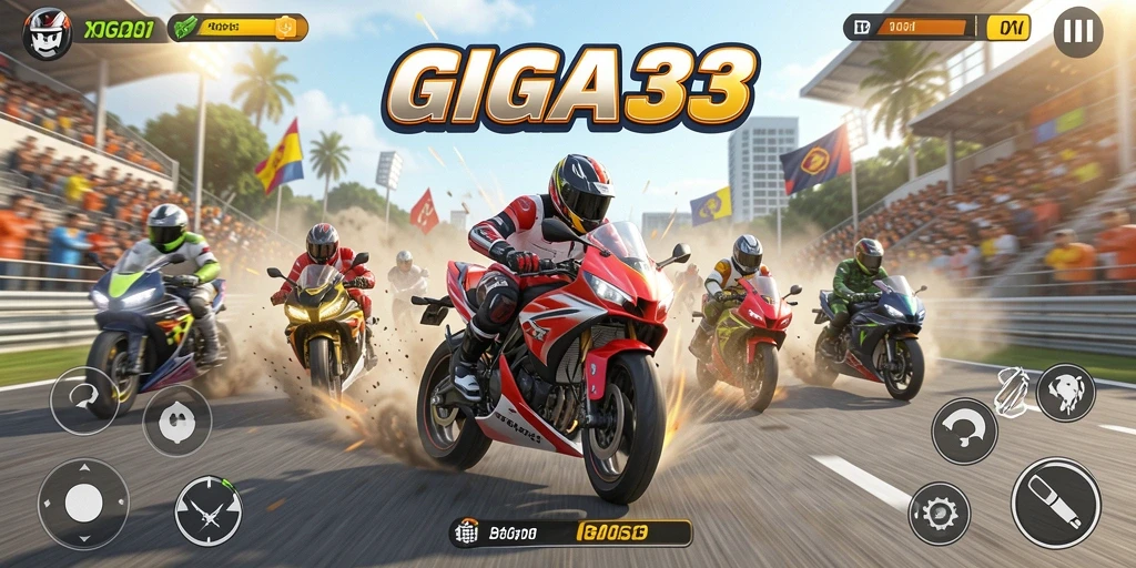 Tampilan gameplay seru dari GIGA33 dalam balapan motor.