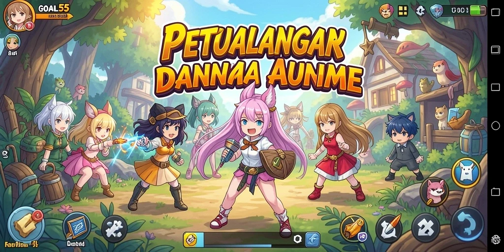 Tampilan gameplay GOAL55 yang penuh aksi dan karakter anime menarik.