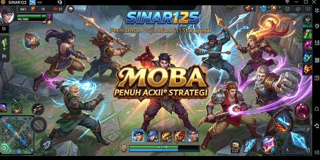 Tangkapan layar gameplay SINAR123 yang menunjukkan pertarungan tim MOBA yang intens.