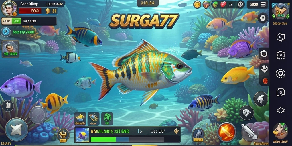 Screenshot gameplay <strong>SURGA77</strong> saat memancing di danau yang indah.