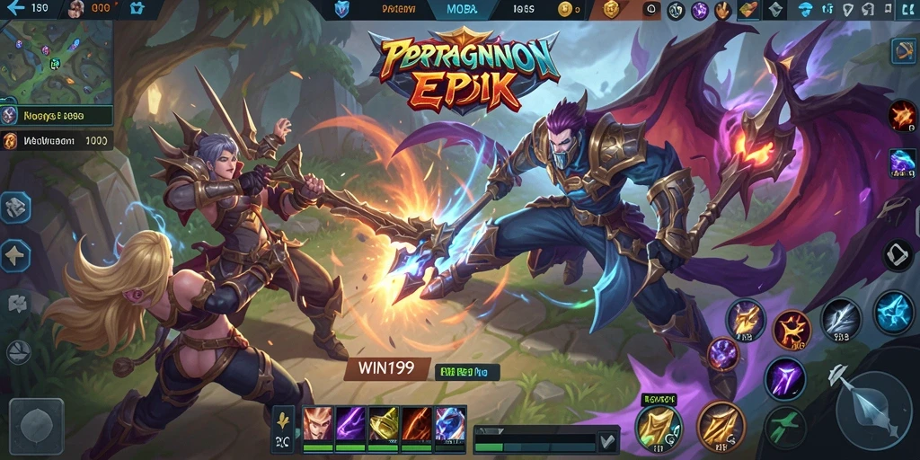 Screenshot utama WIN199 menampilkan aksi gameplay MOBA yang intens.